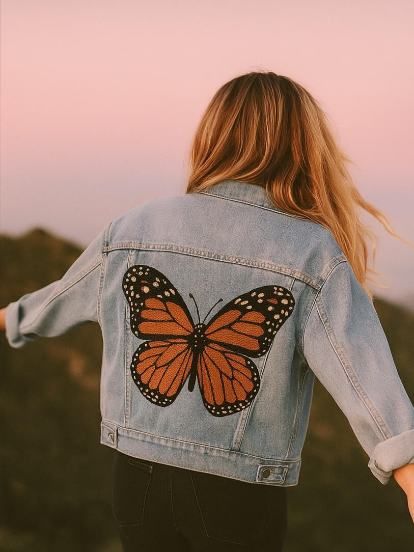 Becoming in Motion – Butterfly Jacket at Dusk A woman with long blonde hair wearing a denim jacket featuring a large monarch butterfly on the back. She faces away from the camera with arms slightly outstretched, walking into a sunset sky of blush and lilac tones over a dark hillside.